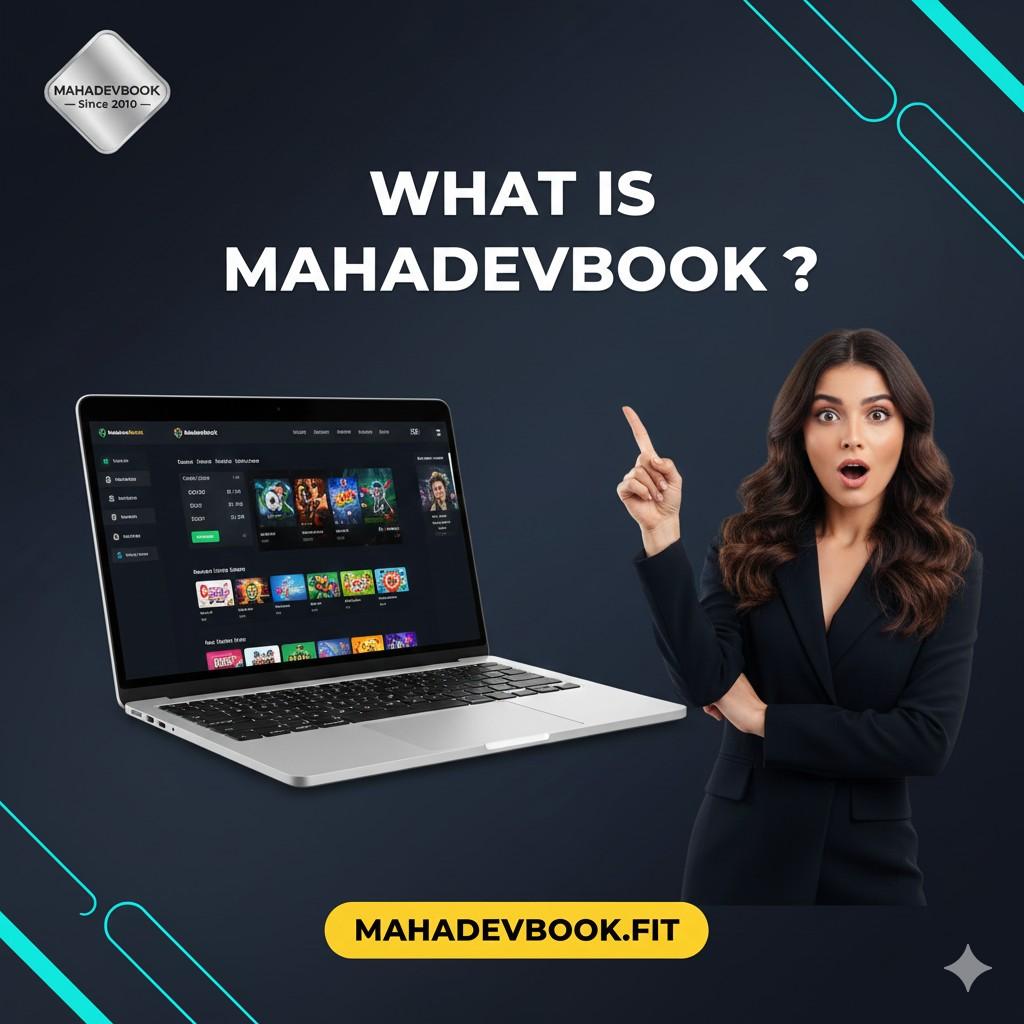 A professional blog header for Mahadev book review featuring a laptop with betting odds and a woman pointing to the website Mahadevbook.fit.